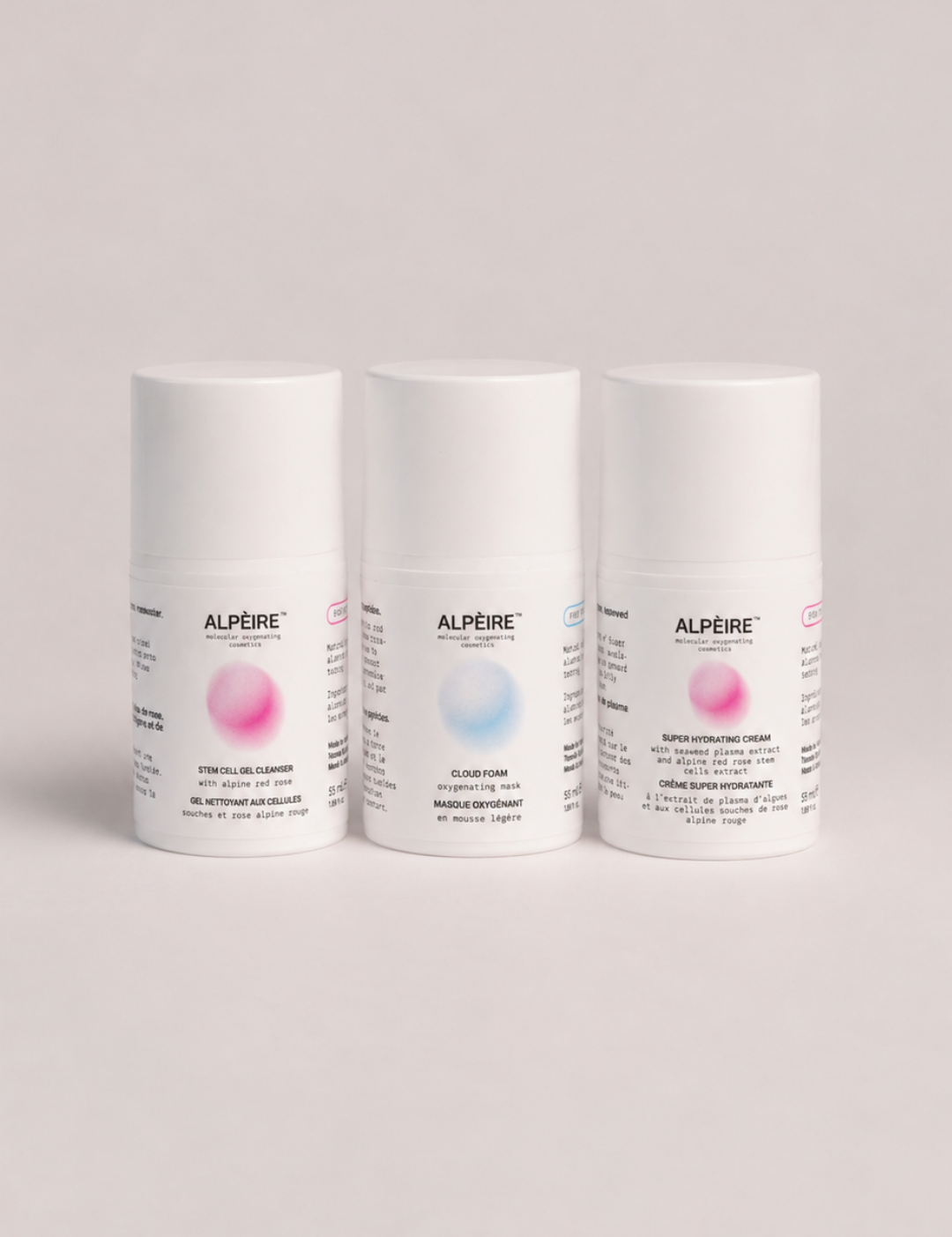 Alpèire The Oxygen Ritual set — Stem Cell Gel Cleanser, Cloud Foam Oxygenating Mask and Super Hydrating Cream in white 55 ml bottles