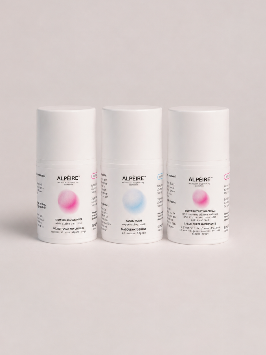 Alpèire The Oxygen Ritual set — Stem Cell Gel Cleanser, Cloud Foam Oxygenating Mask and Super Hydrating Cream in white 55 ml bottles
