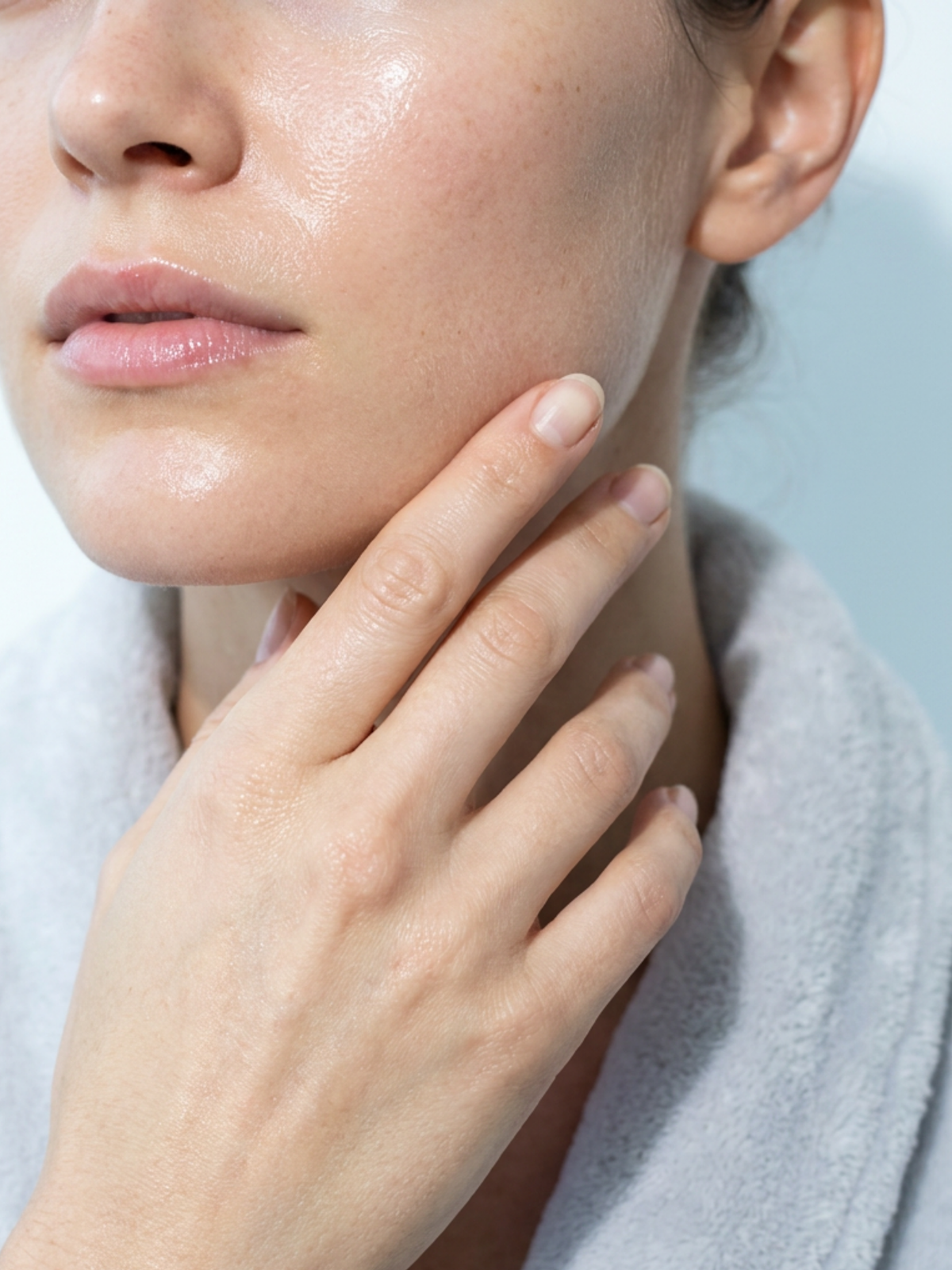Close-up of clear, hydrated skin along the jaw and cheek, with a towel around the shoulders
